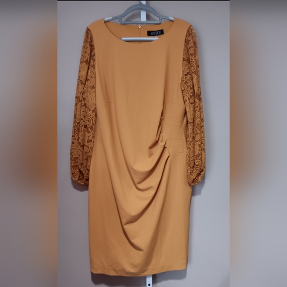 Kasper Women's (Size 1X) Gold Yellow Lace Trim Knee-Length Sheath Dress (NWT) - Picture 1 of 13